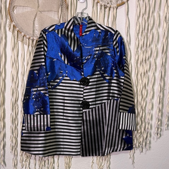 IC by Connie K Striped Floral Jacket in Silver Black and Bright Blue L - Picture 5 of 11